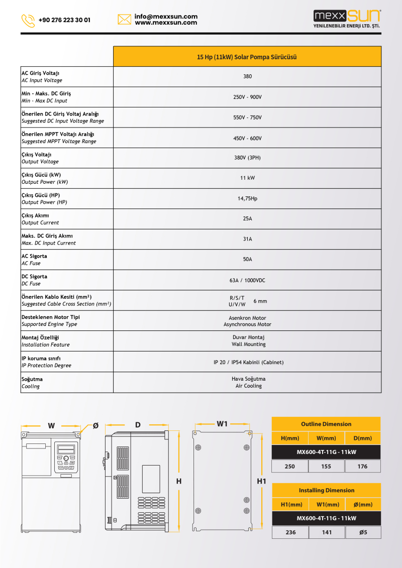 Mexxsun 15Hp (11 kW) Solar Pompa Sürücüsü (Trifaze) | Solar Pompa